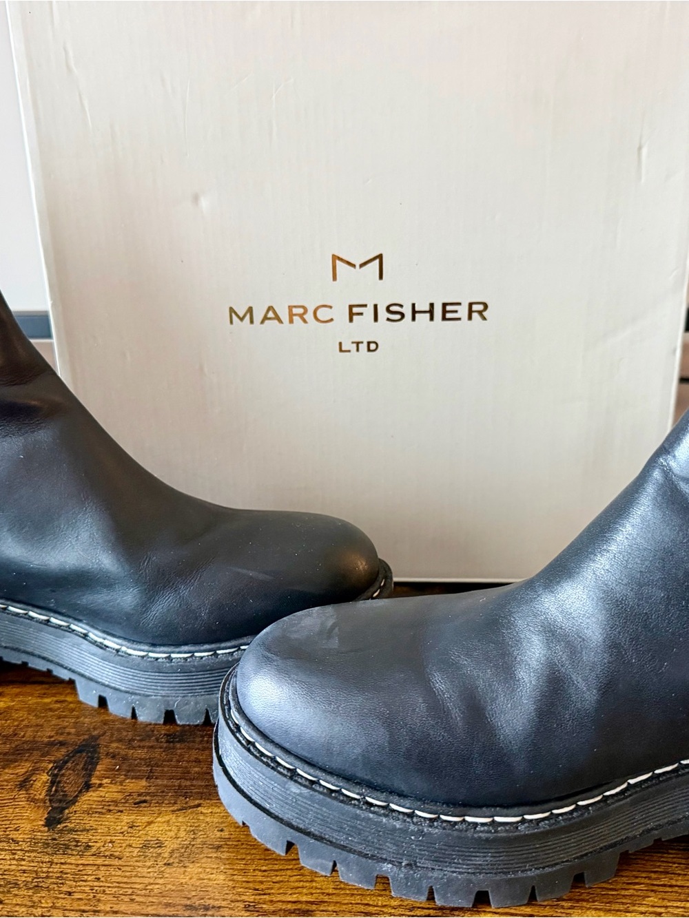 Marc Fisher Black Leather Lug Sole Ankle Booties
